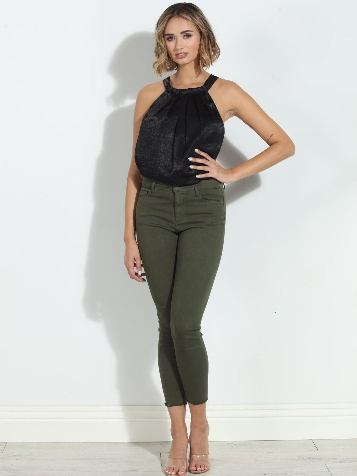 Tractr Mona High Rise Crop Fray Jeans - Olive-FINAL SALE