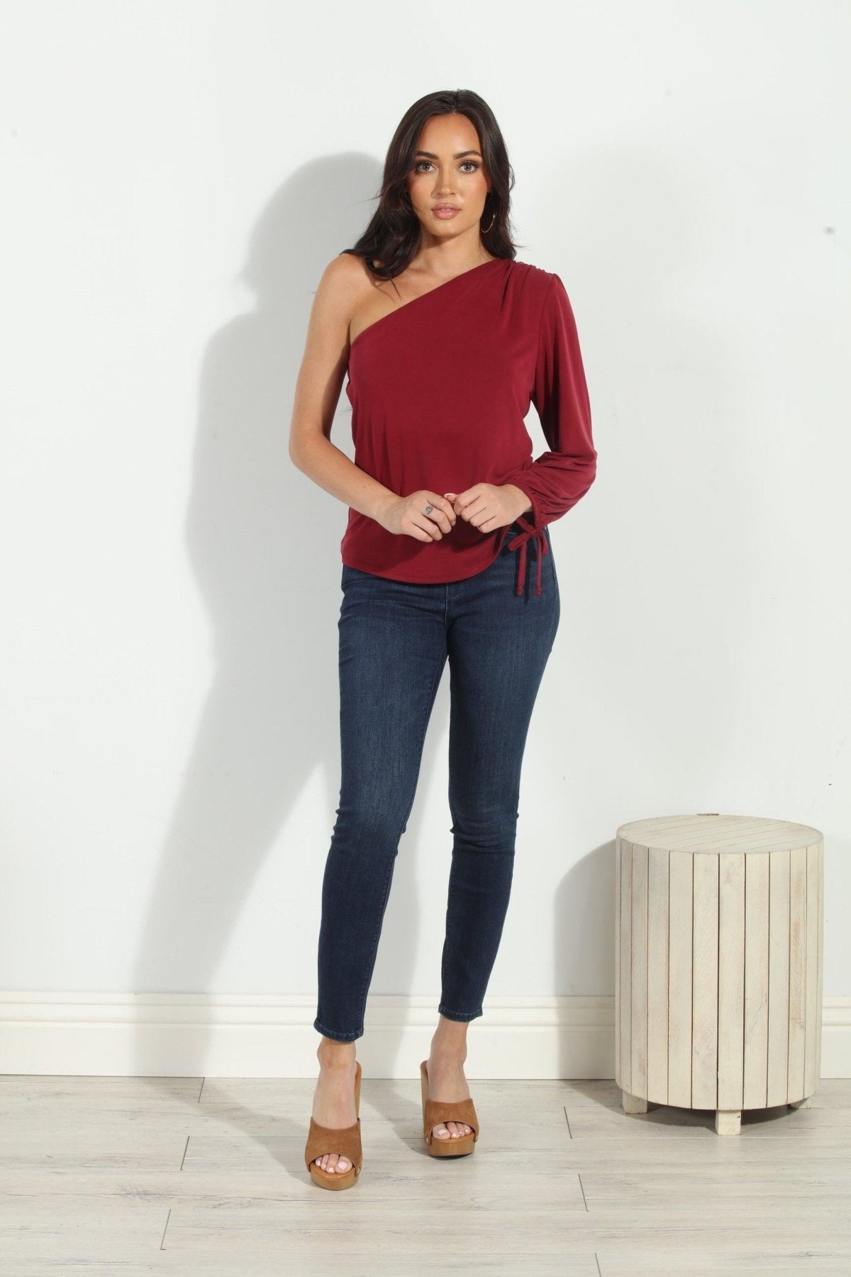 Burgundy Cupro One Shoulder Asymmetrical Top-FINAL SALE