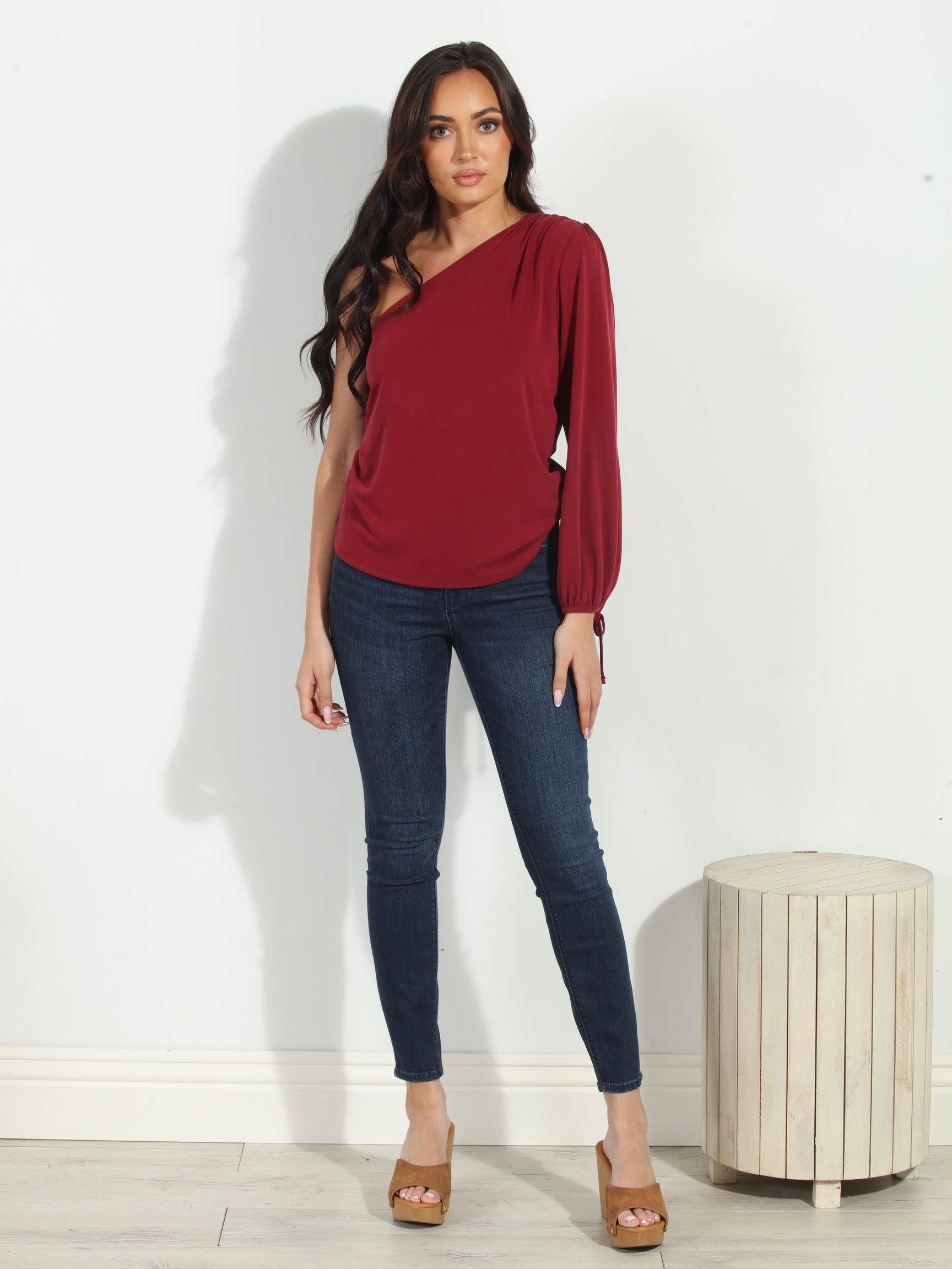 Burgundy Cupro One Shoulder Asymmetrical Top-FINAL SALE