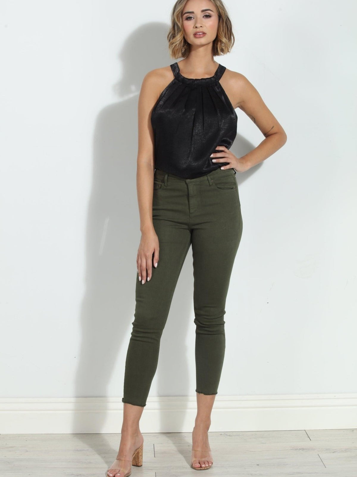 Tractr Mona High Rise Crop Fray Jeans - Olive-FINAL SALE