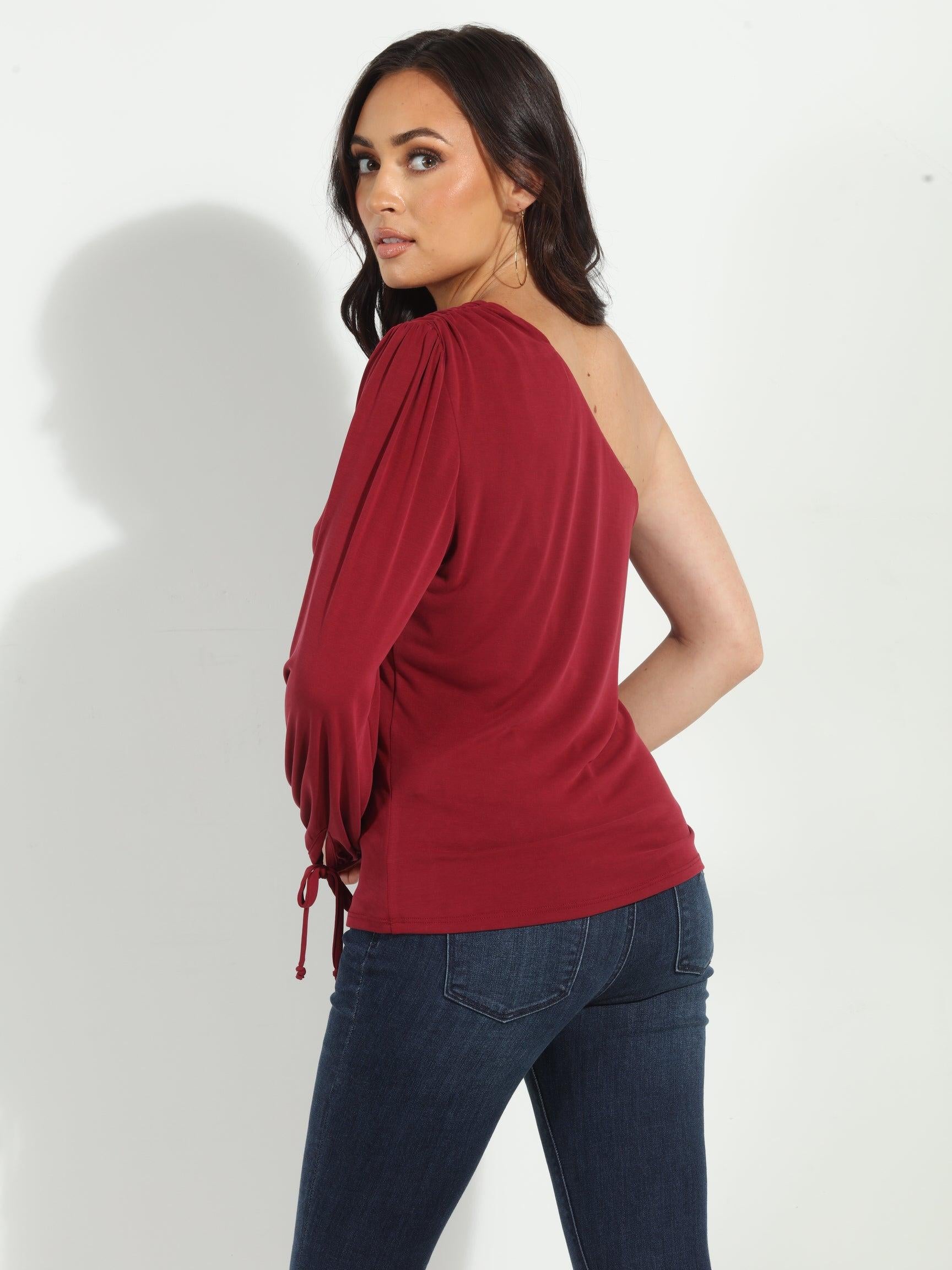 Burgundy Cupro One Shoulder Asymmetrical Top-FINAL SALE