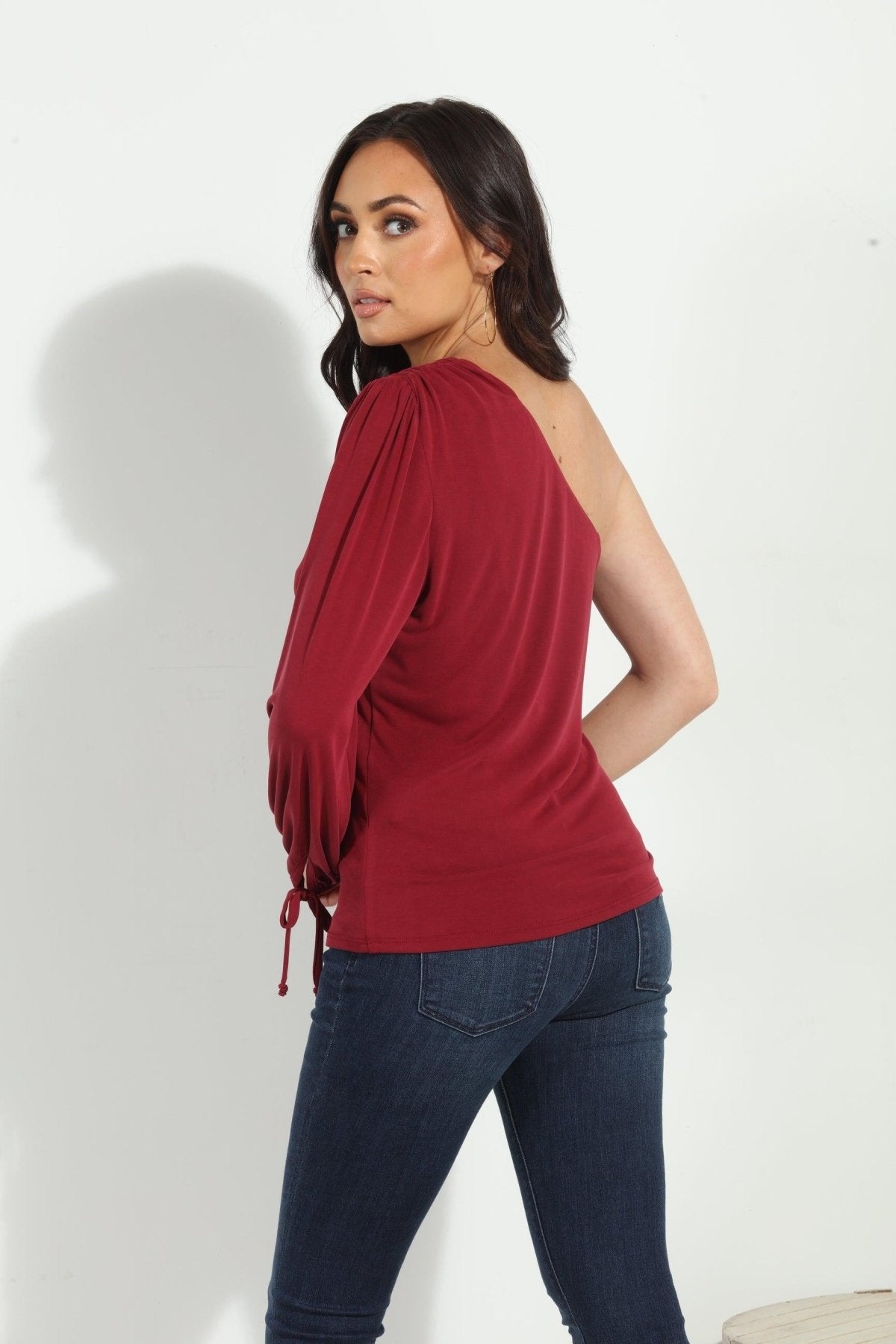 Burgundy Cupro One Shoulder Asymmetrical Top-FINAL SALE