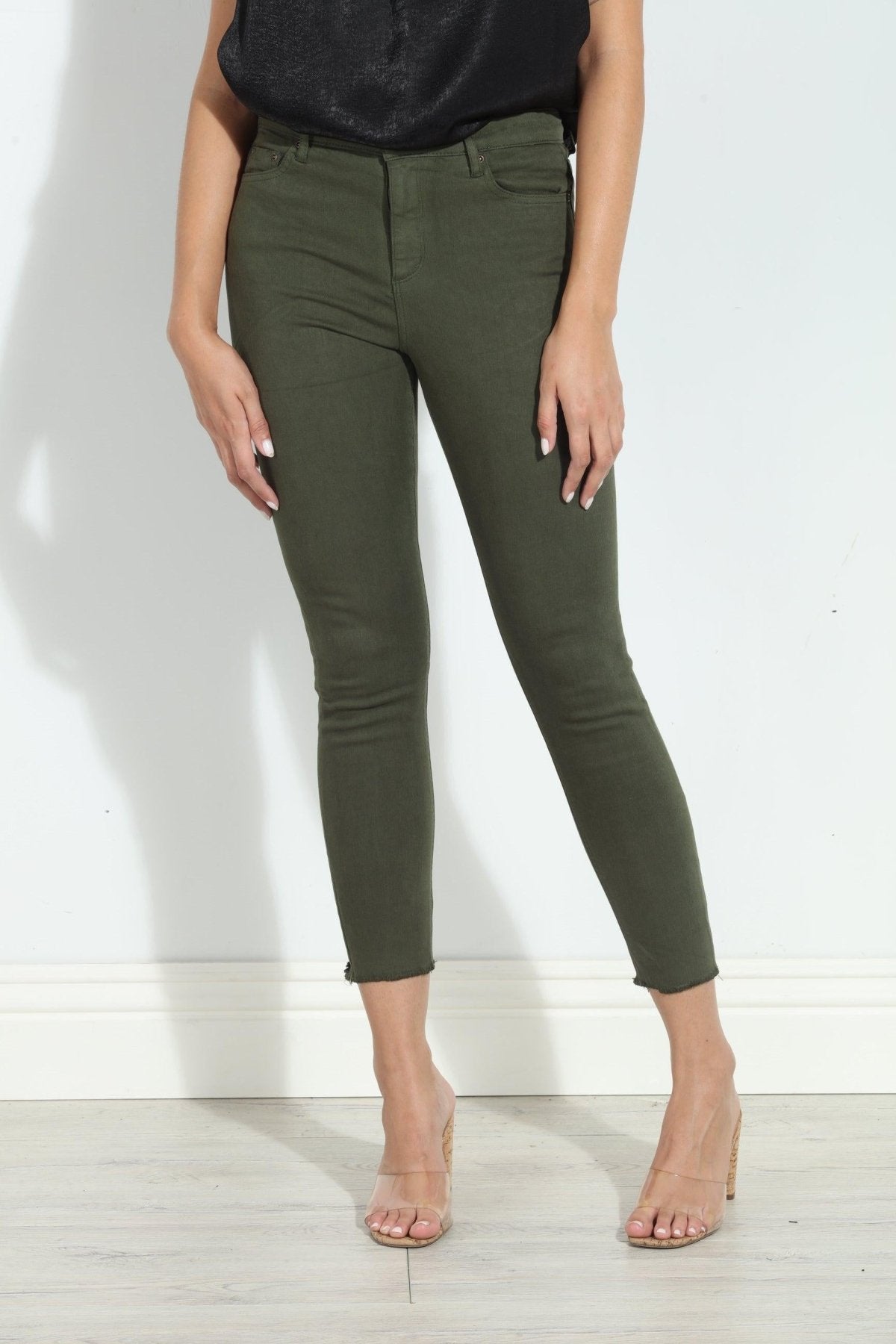 Tractr Mona High Rise Crop Fray Jeans - Olive-FINAL SALE