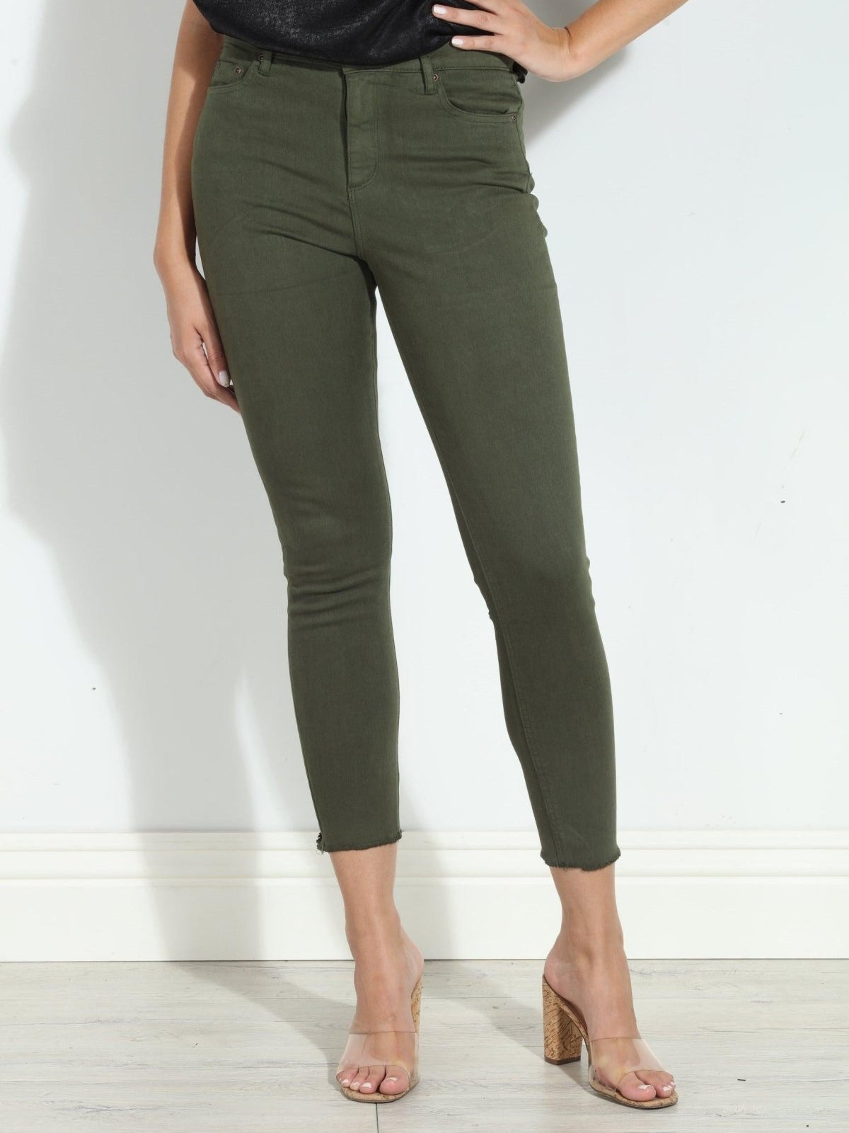Tractr Mona High Rise Crop Fray Jeans - Olive-FINAL SALE