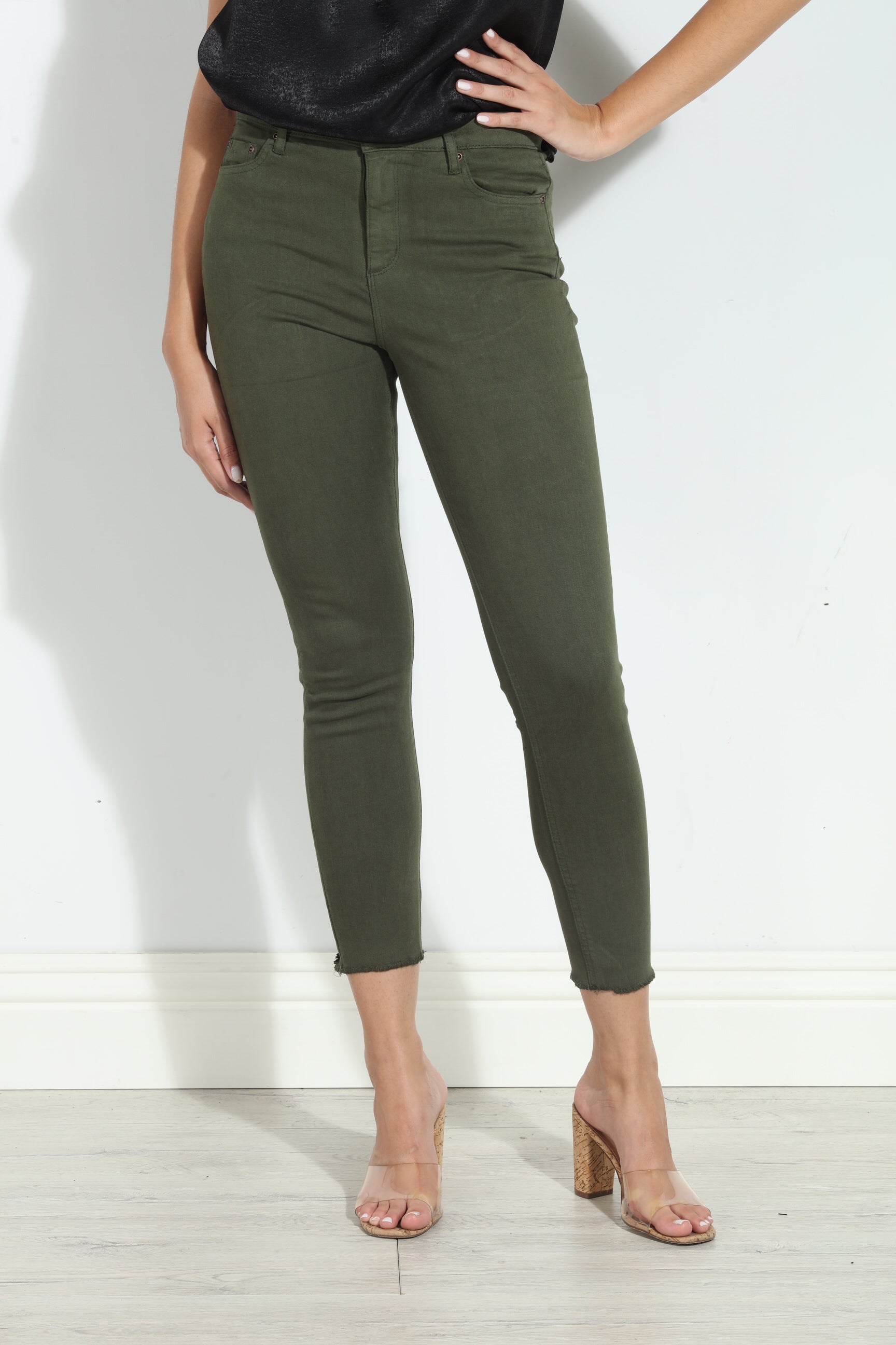 Tractr Mona High Rise Crop Fray Jeans - Olive