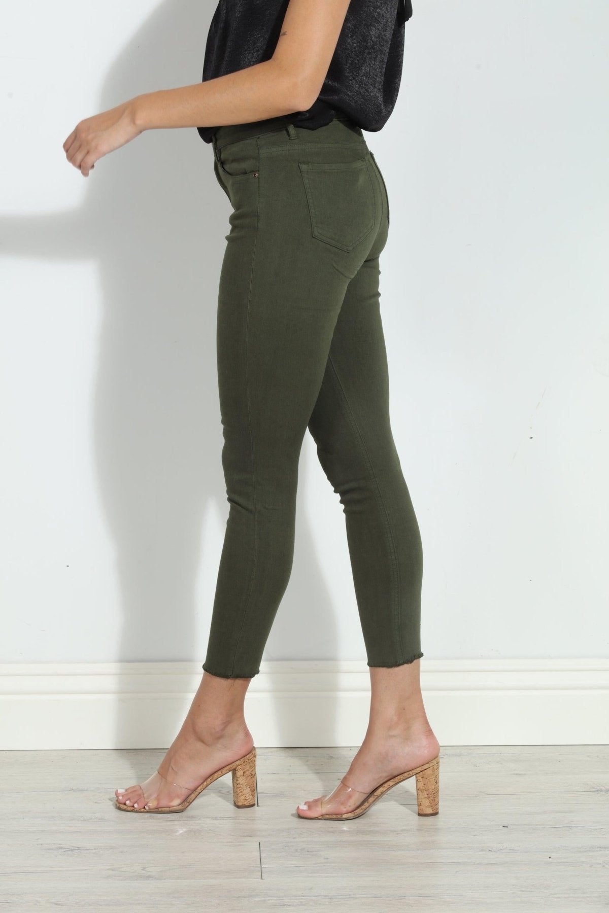 Tractr Mona High Rise Crop Fray Jeans - Olive-FINAL SALE