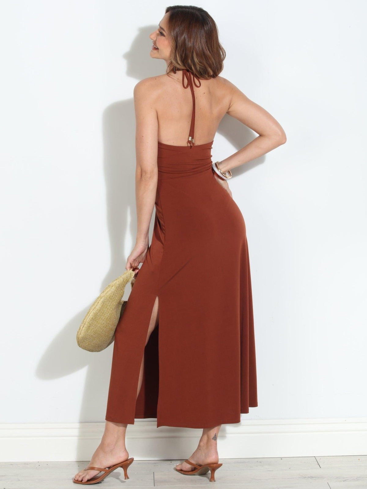 Mocha Mousse Stretch Keyhole Maxi Dress- Best Seller
