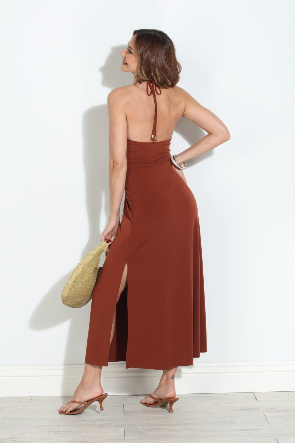 Mocha Mousse Stretch Keyhole Maxi Dress