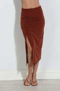 Mocha Mousse Stretch Ruched Midi Skirt