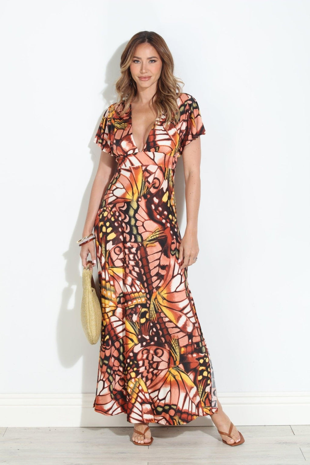 Mariposa Stretch Deep V Flutter Sleeve Maxi Dress - BEST SELLER