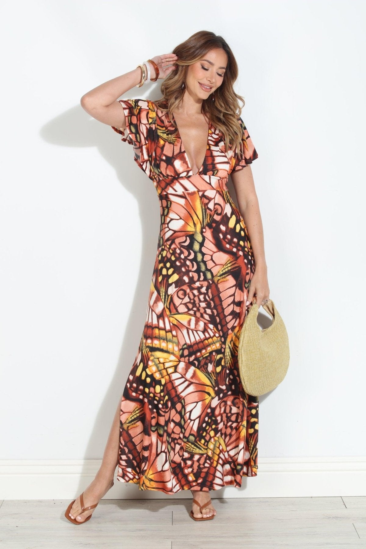 Mariposa Stretch Deep V Flutter Sleeve Maxi Dress - BEST SELLER
