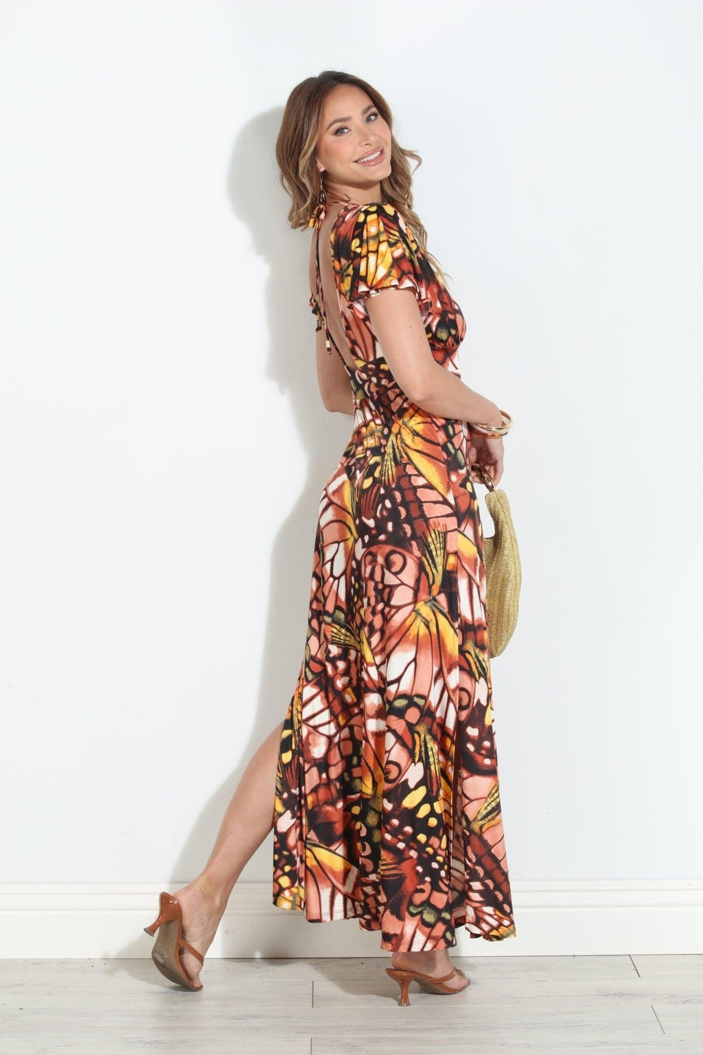 Mariposa Stretch Deep V Flutter Sleeve Maxi Dress - BEST SELLER