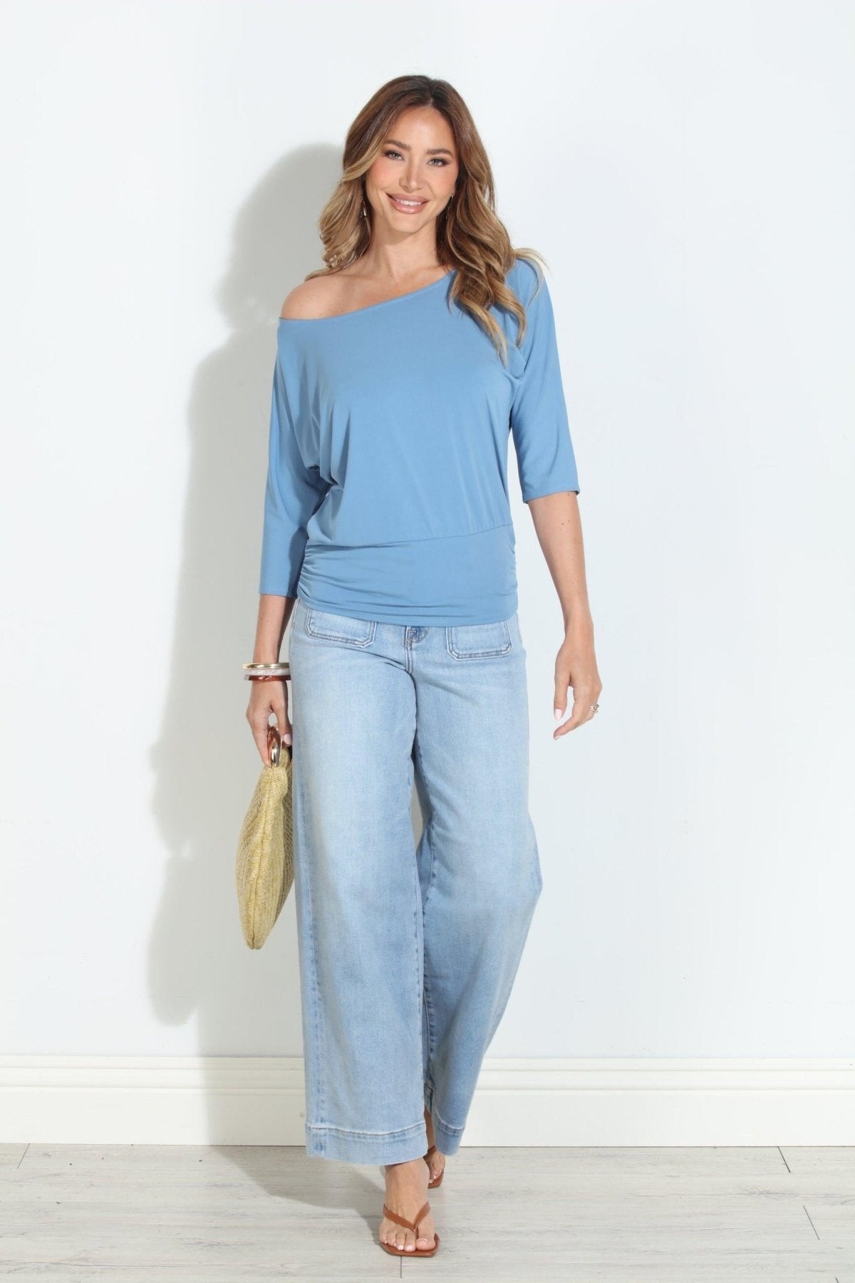 Ice Blue Shirred Waist Top-FINAL SALE