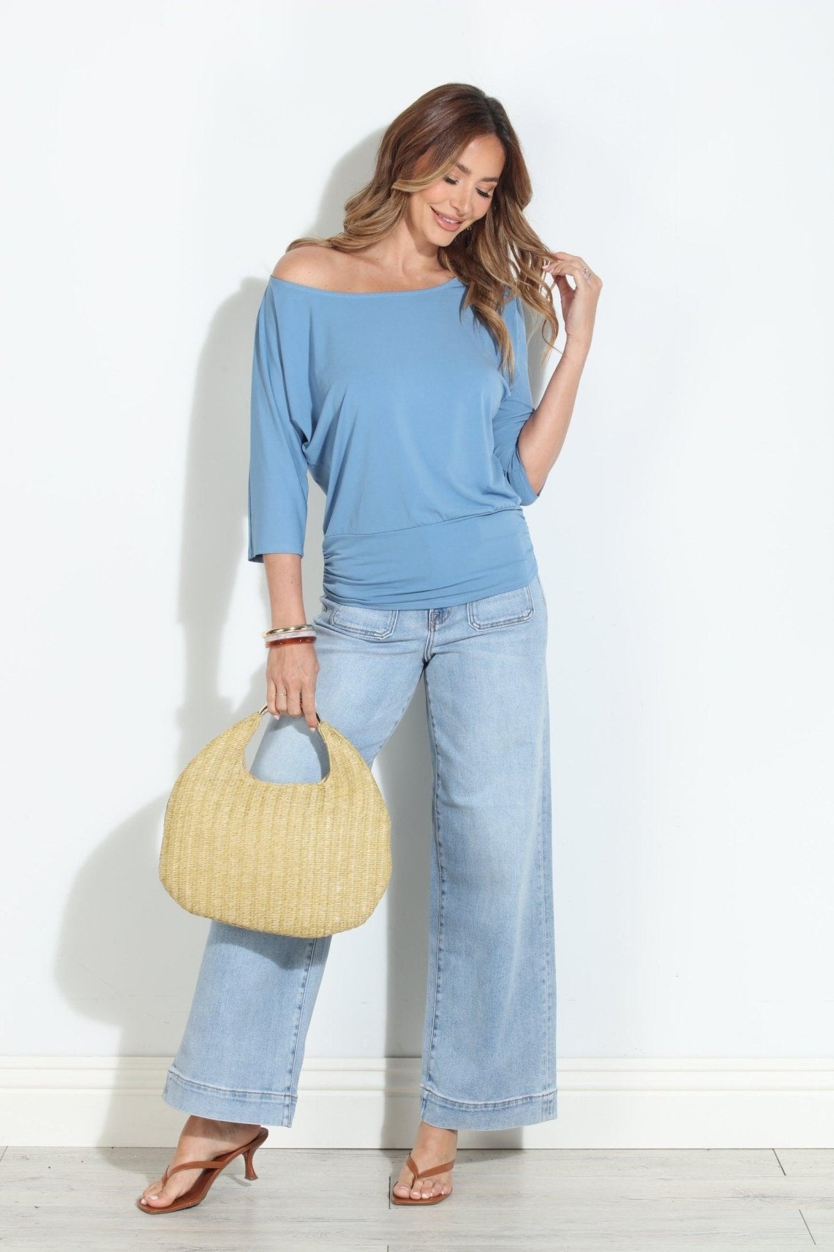 Ice Blue Shirred Waist Top-FINAL SALE