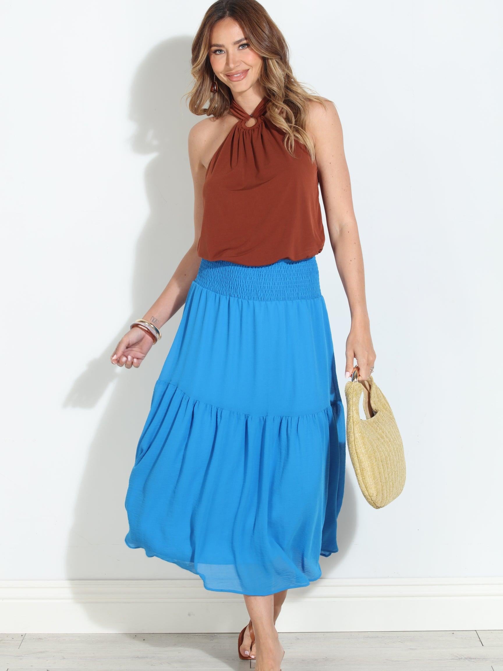 True Blue Chiffon Ruffle Midi Skirt-BEST SELLER