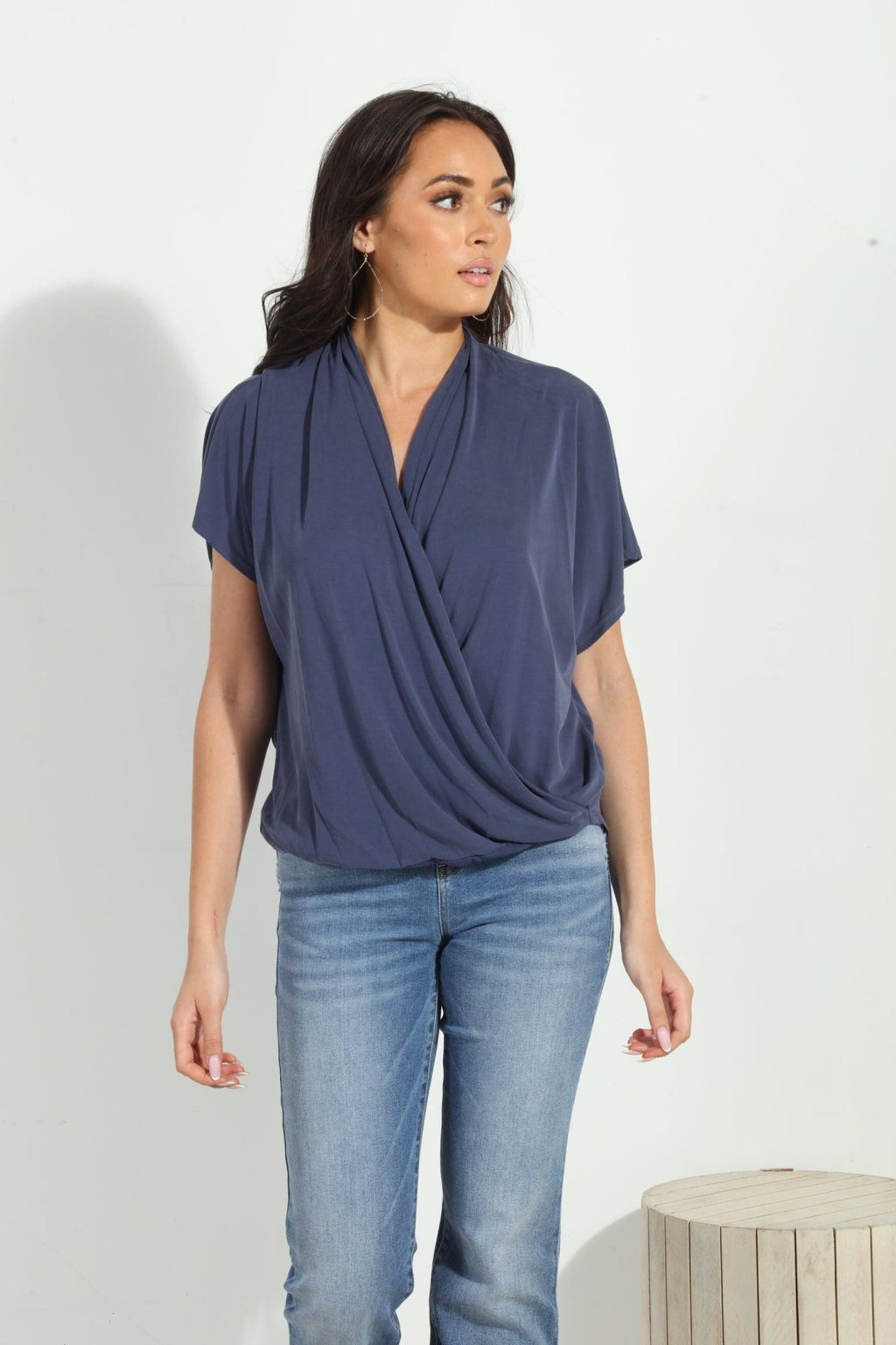 Navy Cupro Surplice Tee-BEST SELLER