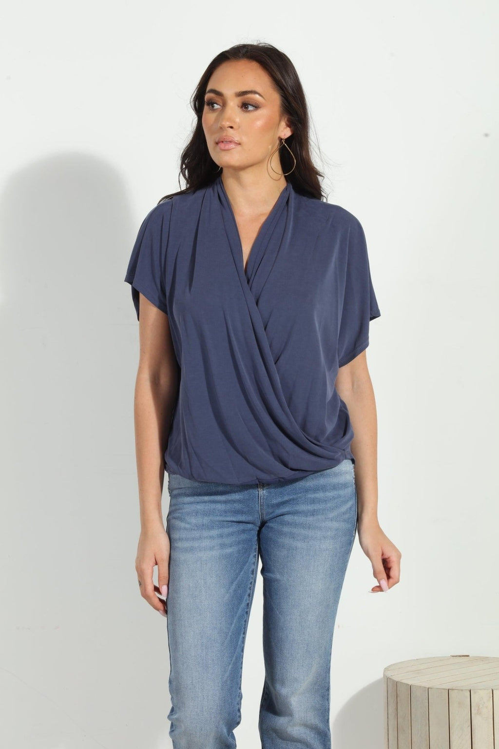 Navy Cupro Surplice Tee-BEST SELLER