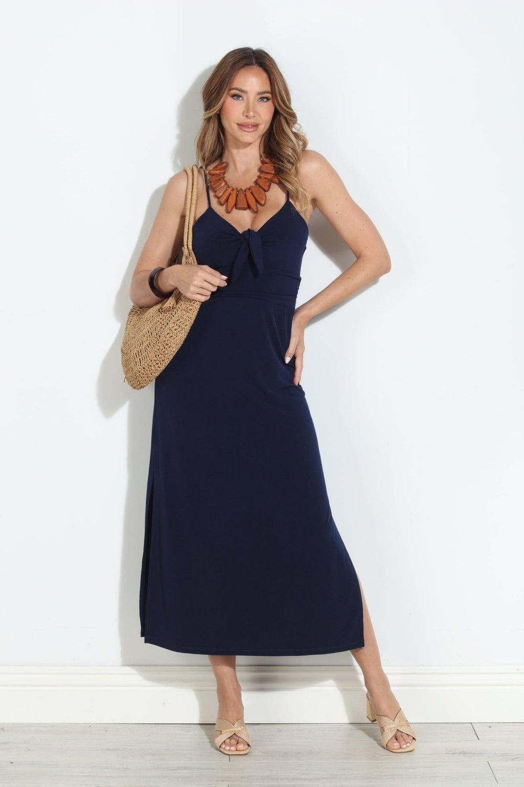 Navy Stretch Front Tie Midi Dress-BEST SELLER