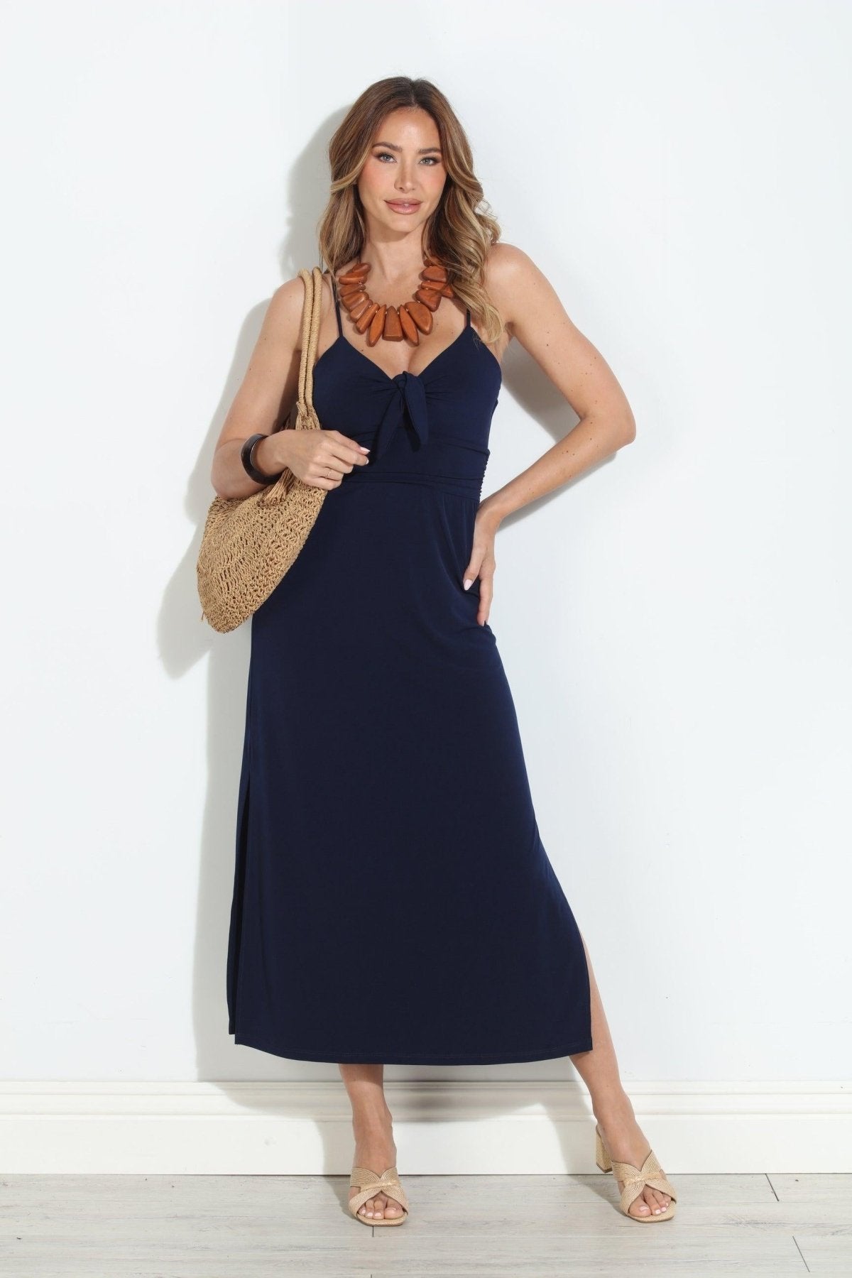 Navy Stretch Front Tie Midi Dress-BEST SELLER