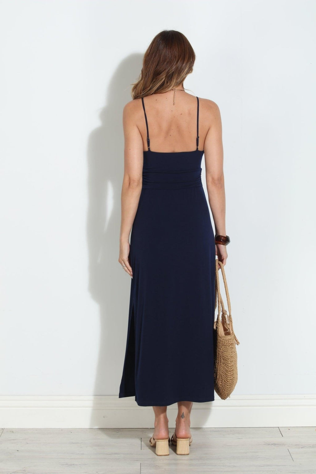 Navy Stretch Front Tie Midi Dress-BEST SELLER
