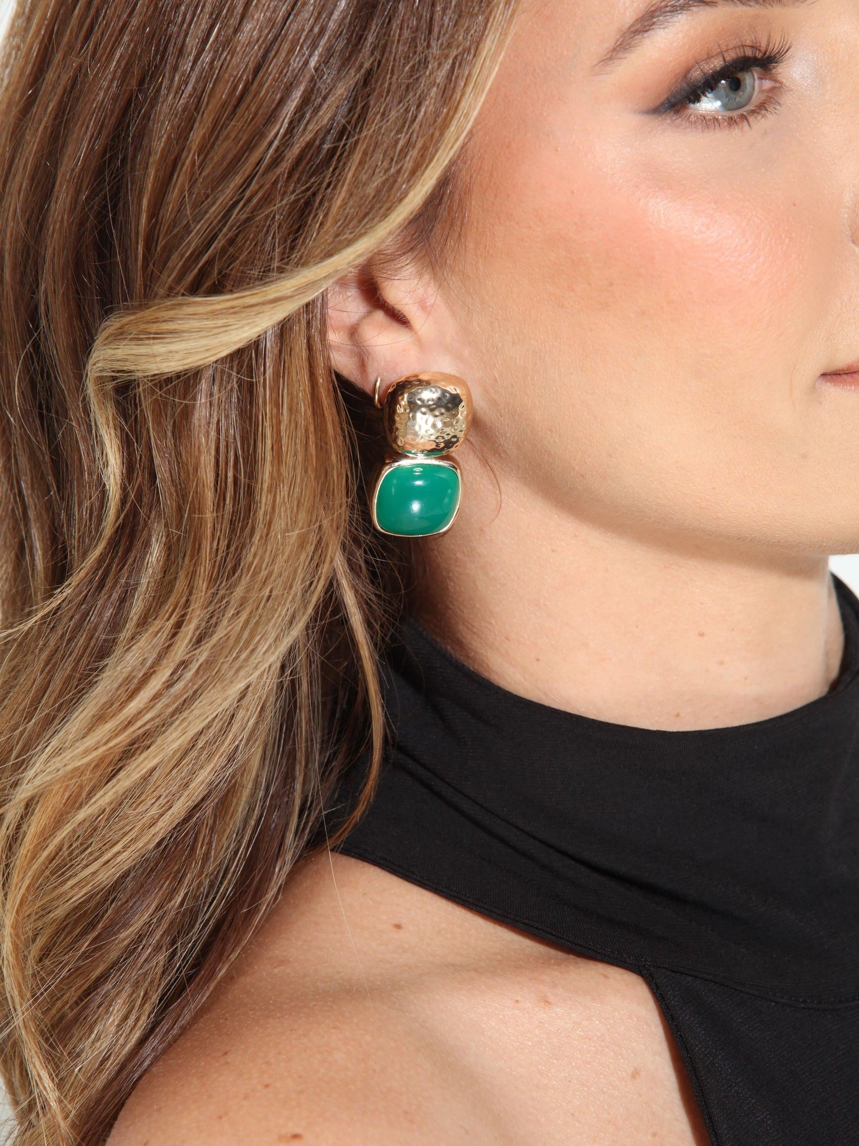 Emmy Hammered Square Stone  Earrings