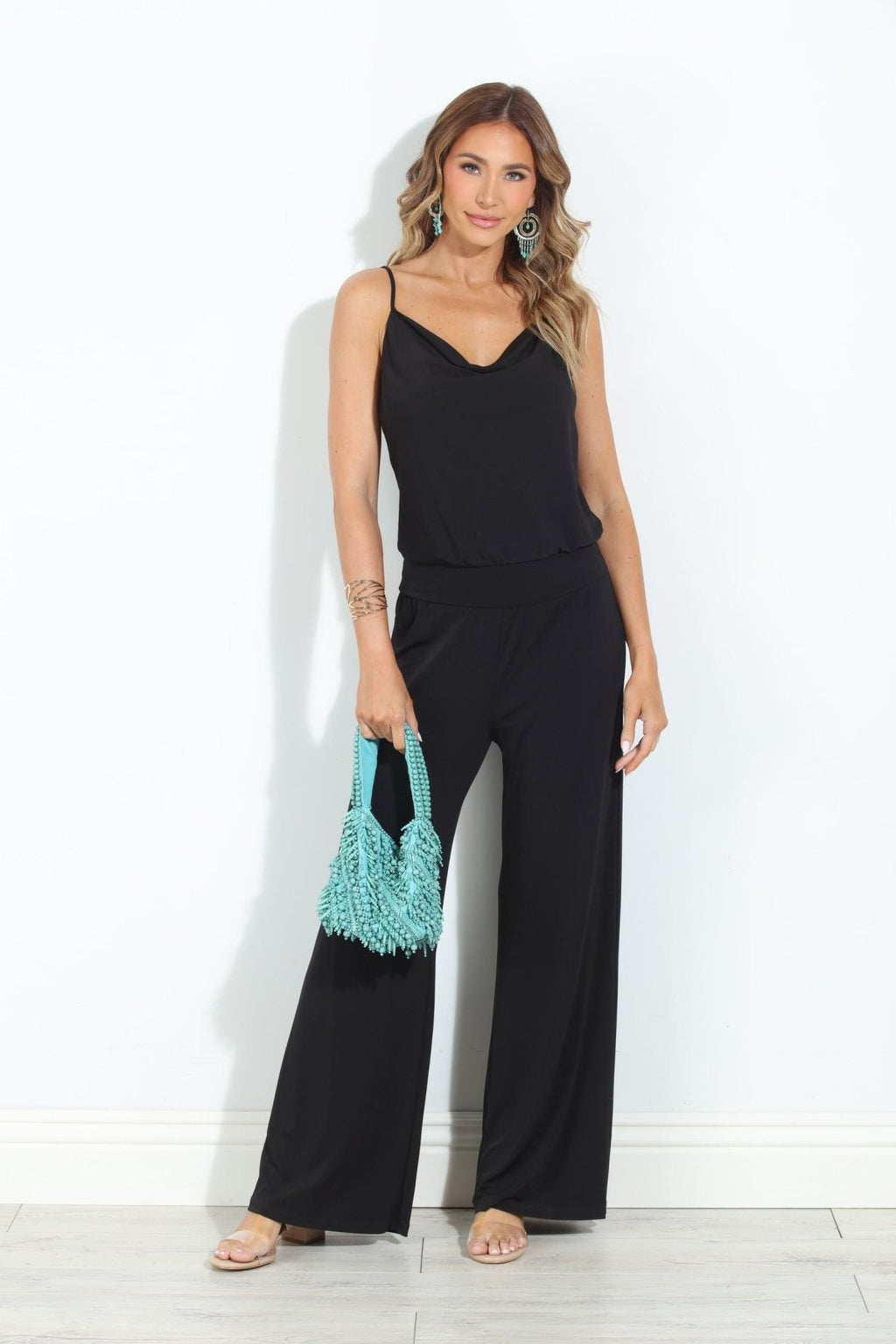 Black Cowl Neck Wideleg Stretch Jumpsuit-BEST SELLER