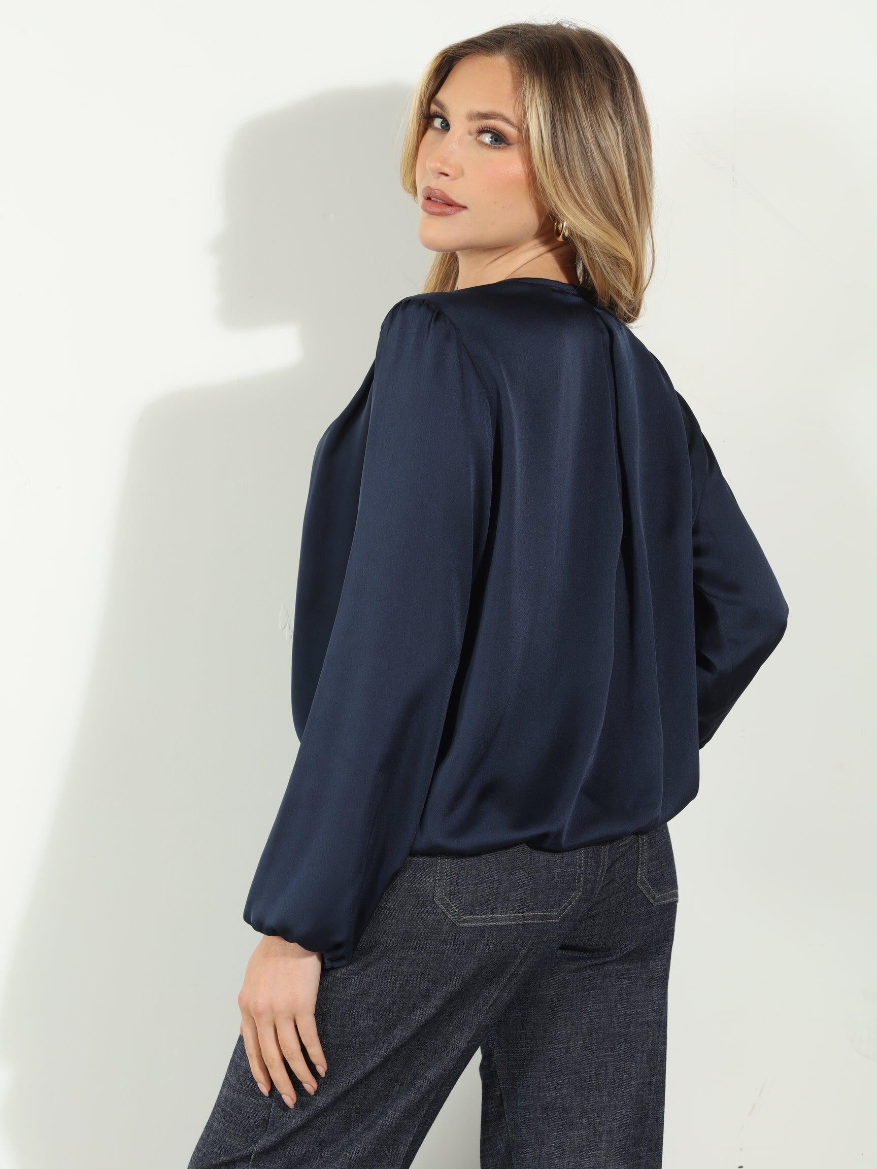 Navy Satin Surplice Pleated Top- FINAL SALE