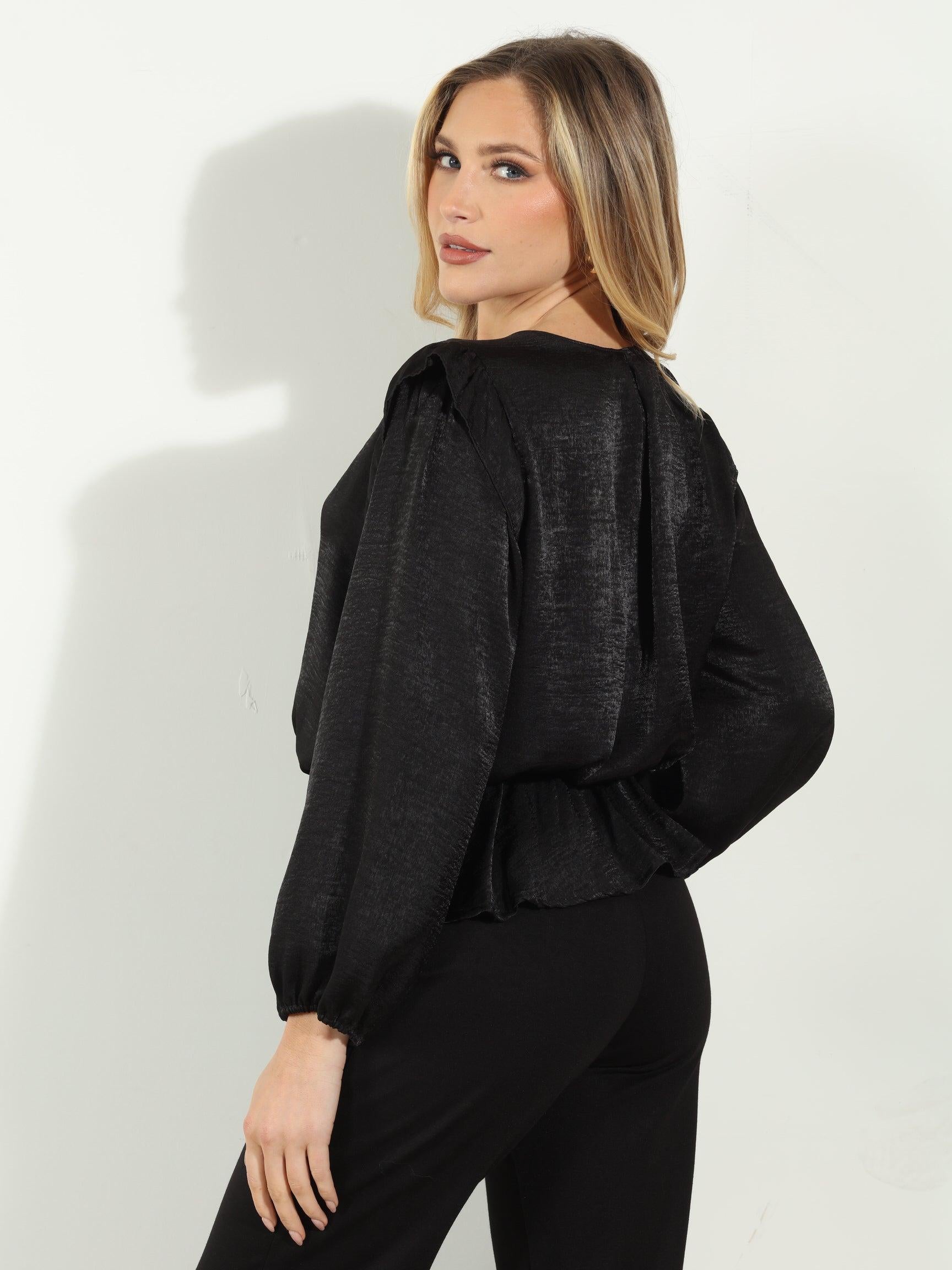 Matte Black Satin V-Neck Peplum Blouse-FINAL SALE