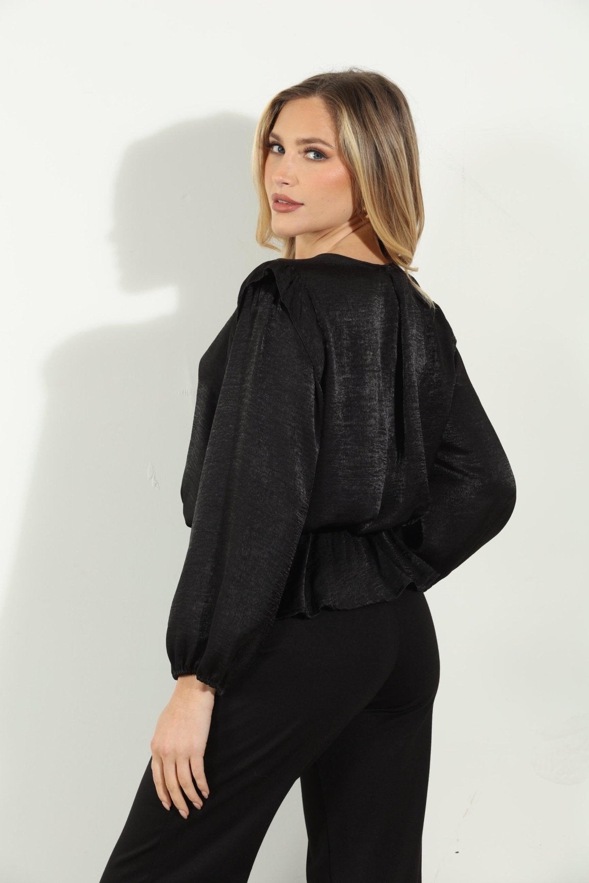 Matte Black Satin V-Neck Peplum Blouse-FINAL SALE