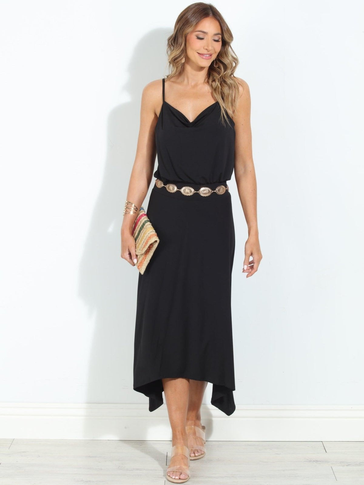 Black Stretch Cowl Midi Dress-BEST SELLER