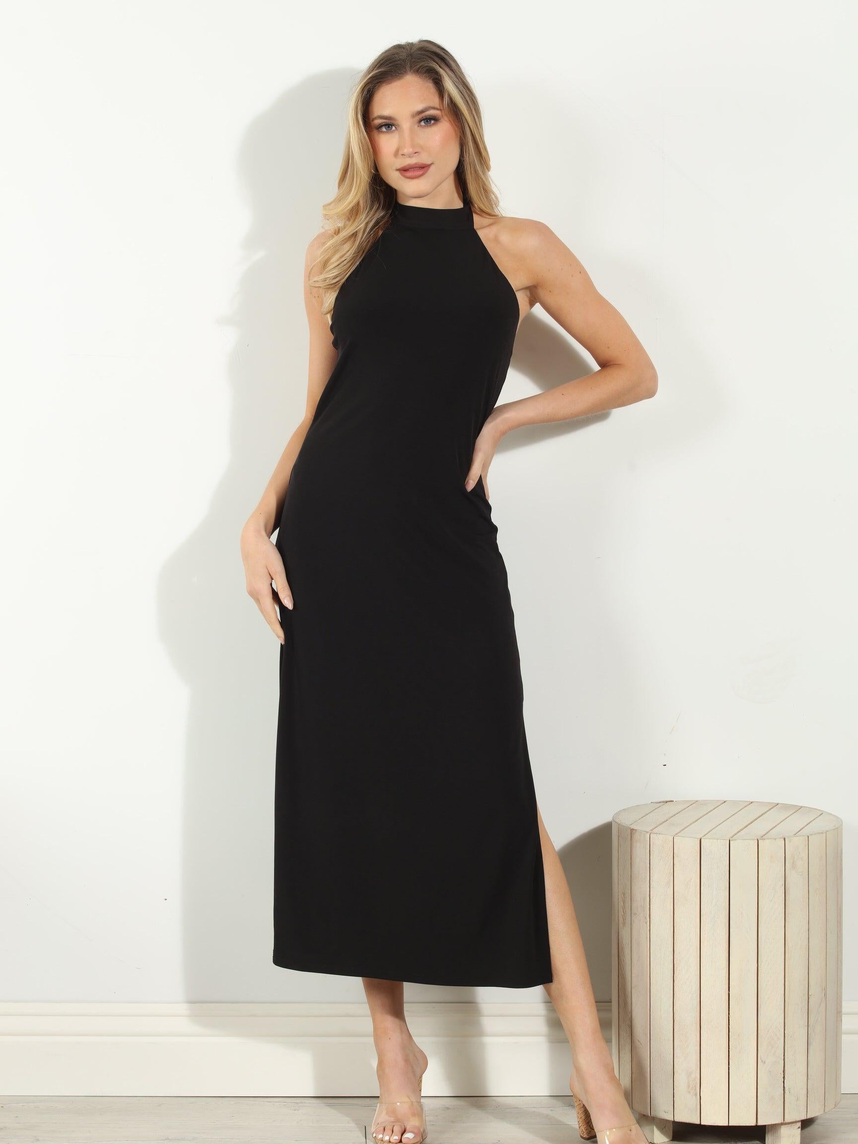 Black Halter Midi Stretch Dress