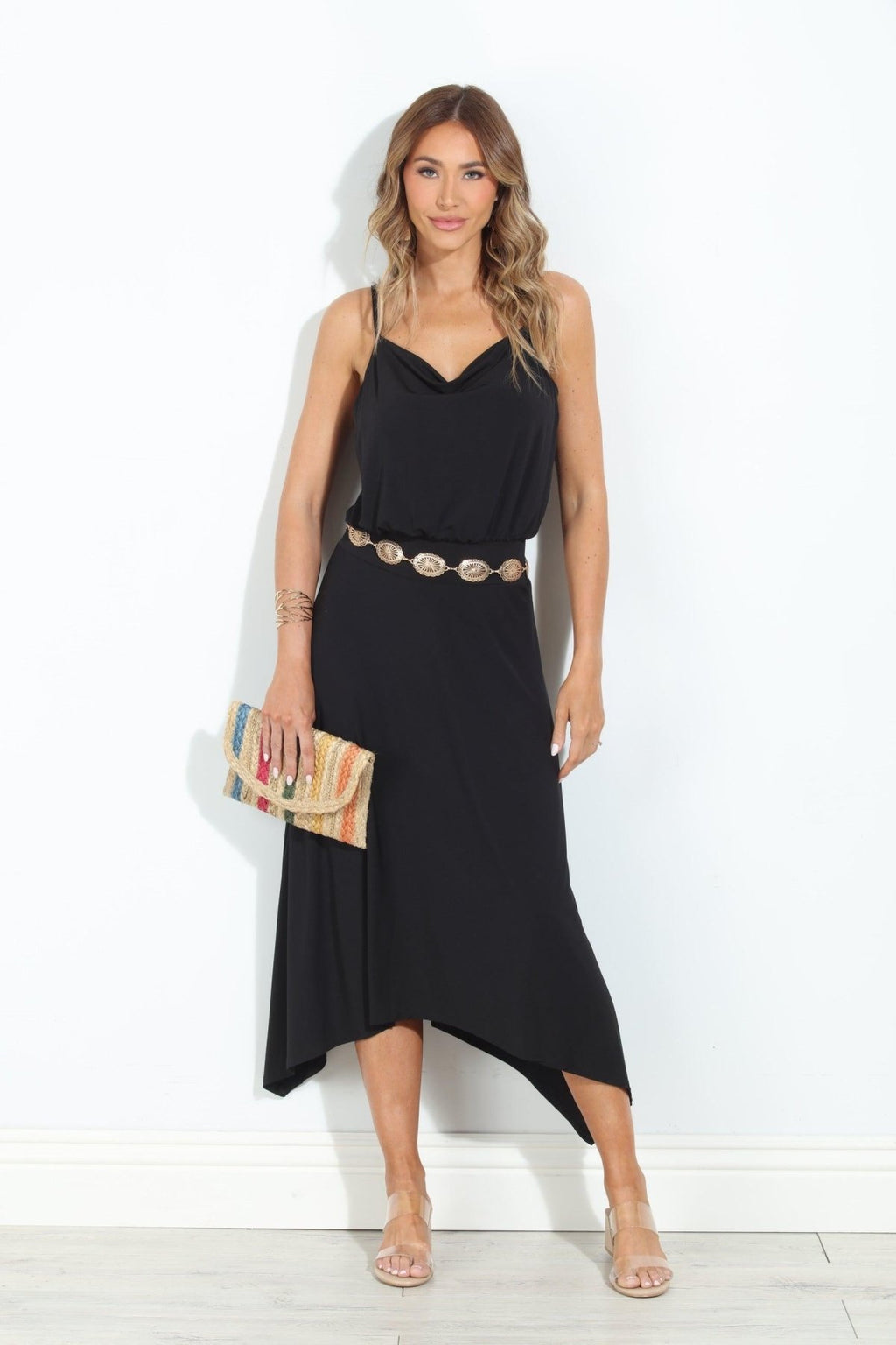 Black Stretch Cowl Midi Dress-BEST SELLER