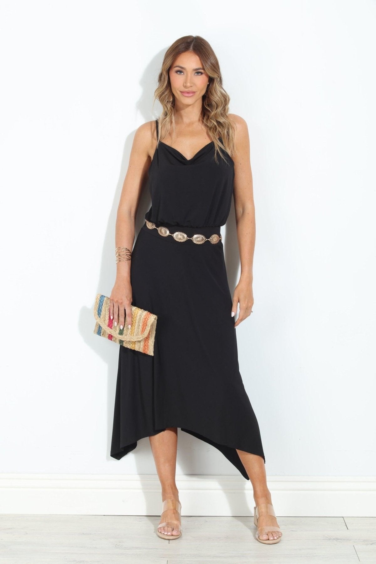 Black Stretch Cowl Midi Dress-BEST SELLER