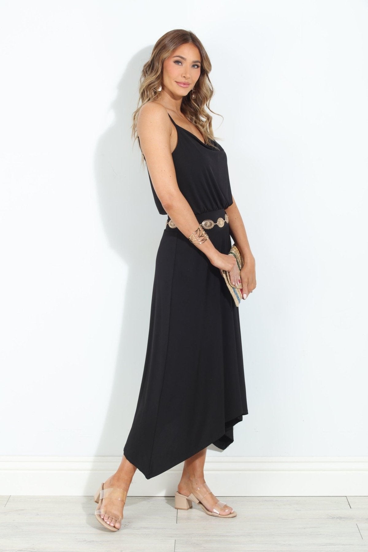 Black Stretch Cowl Midi Dress-BEST SELLER