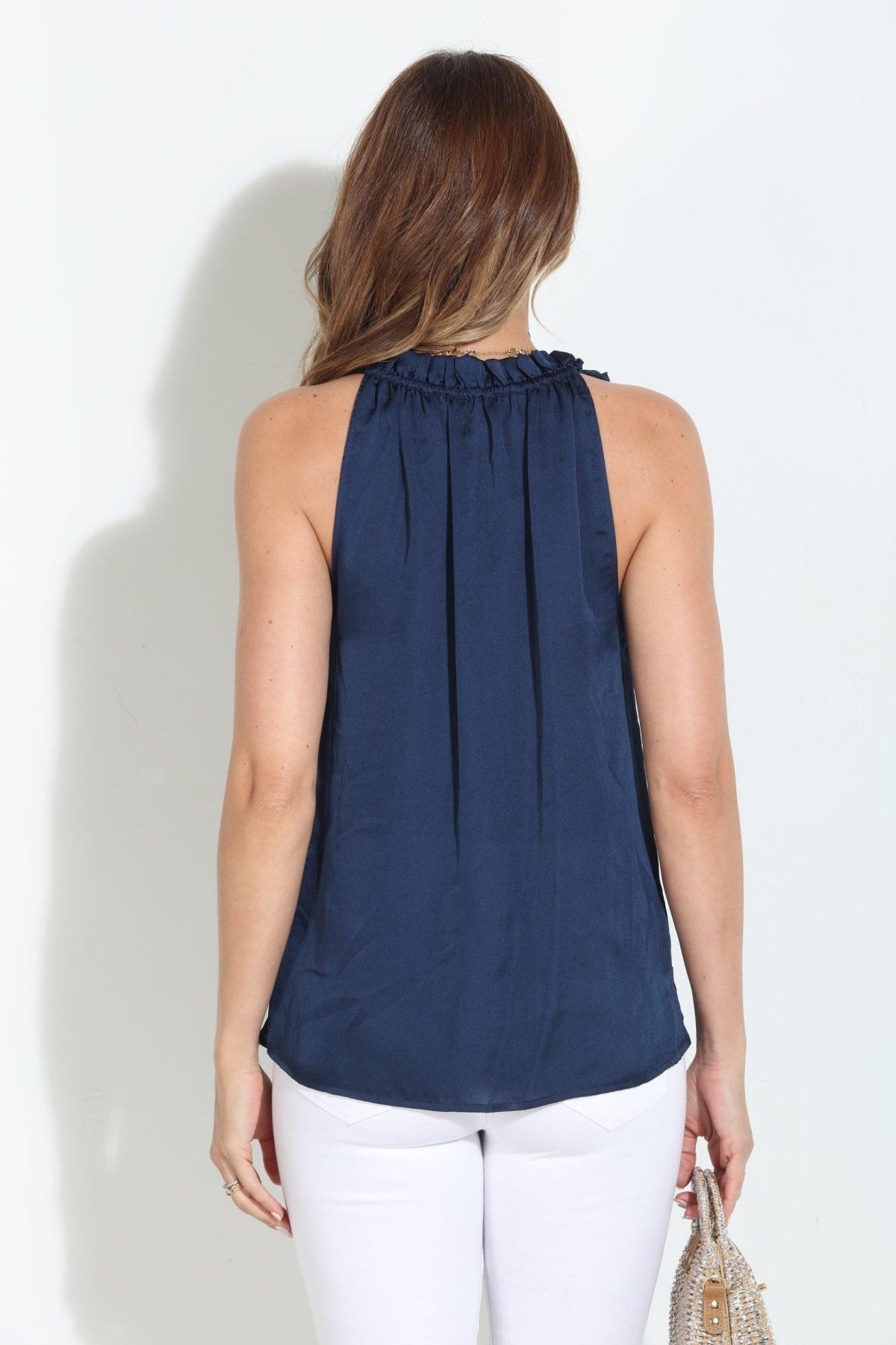 Navy Satin Pleated Neck Halter Blouse