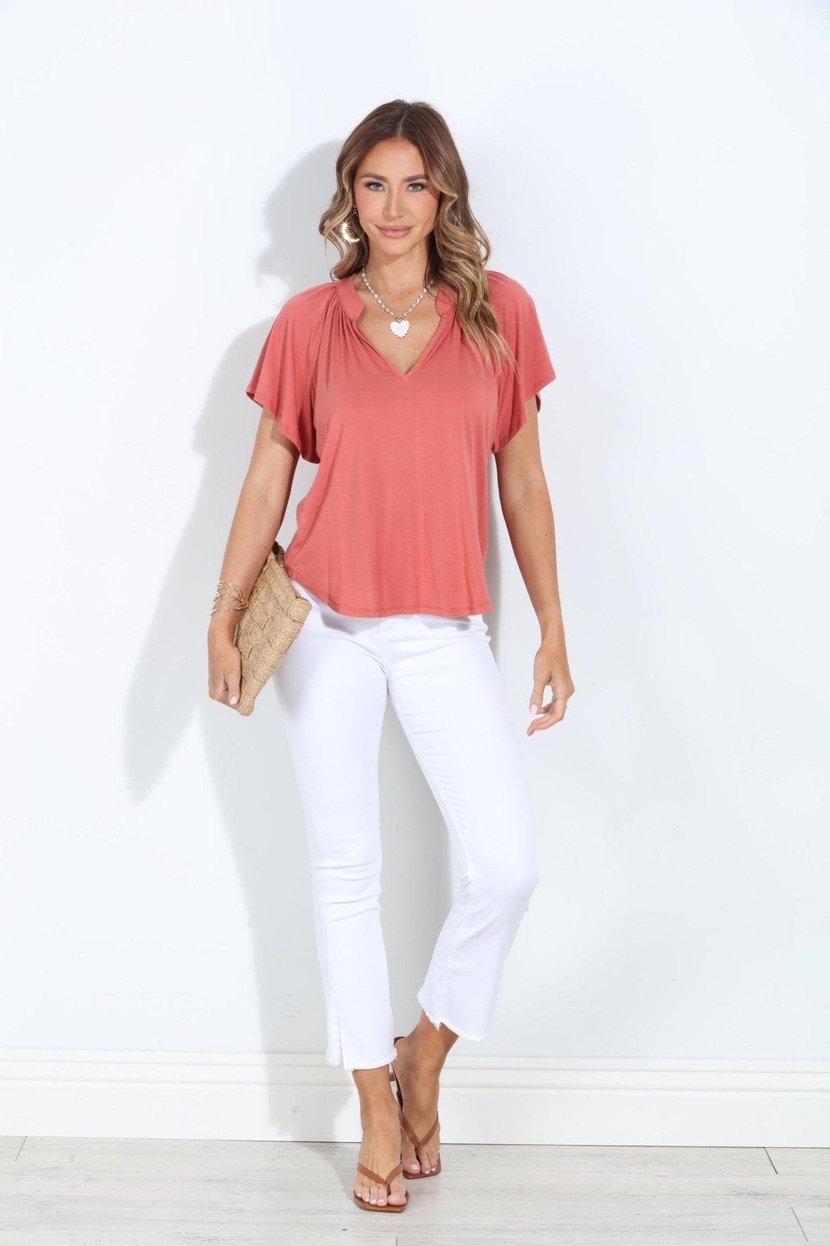 Aragon Cupro Short Sleeve Split Neck Top-BEST SELLER