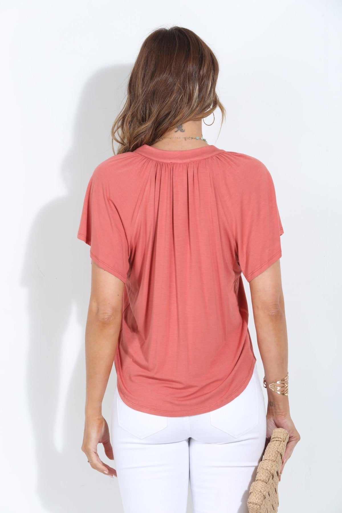 Aragon Cupro Short Sleeve Split Neck Top-FINAL SALE