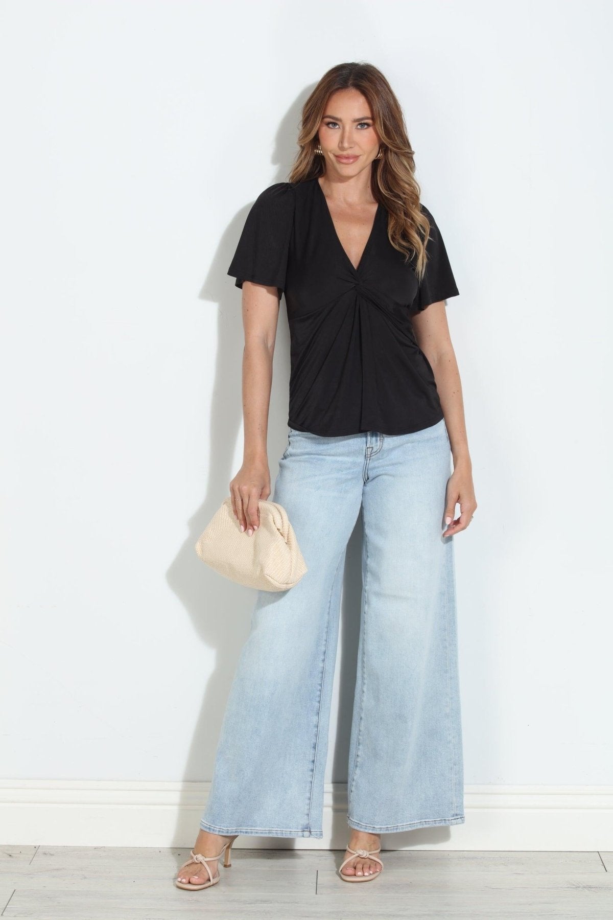 Black Venezia V-Neck Twist Tee-BEST SELLER