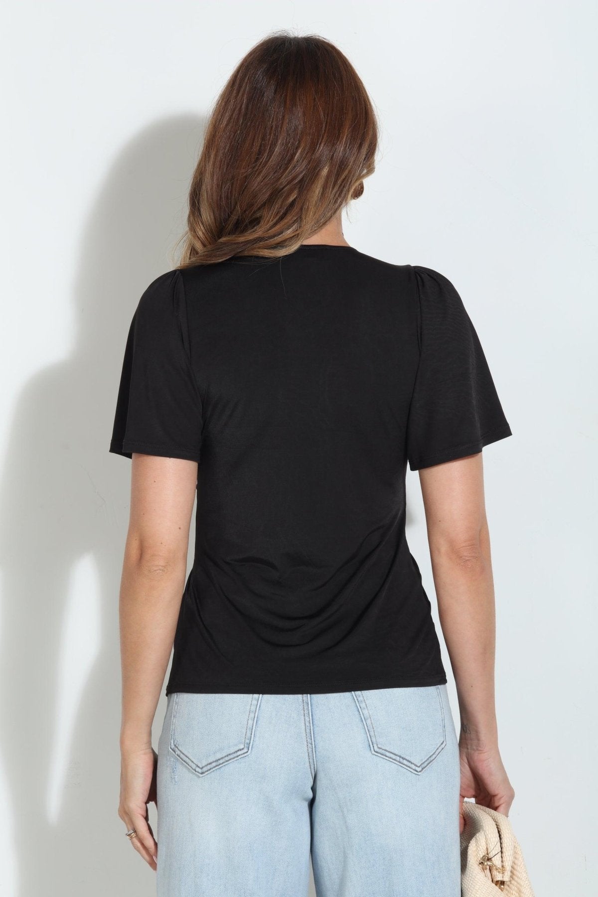 Black Venezia V-Neck Twist Tee-BEST SELLER