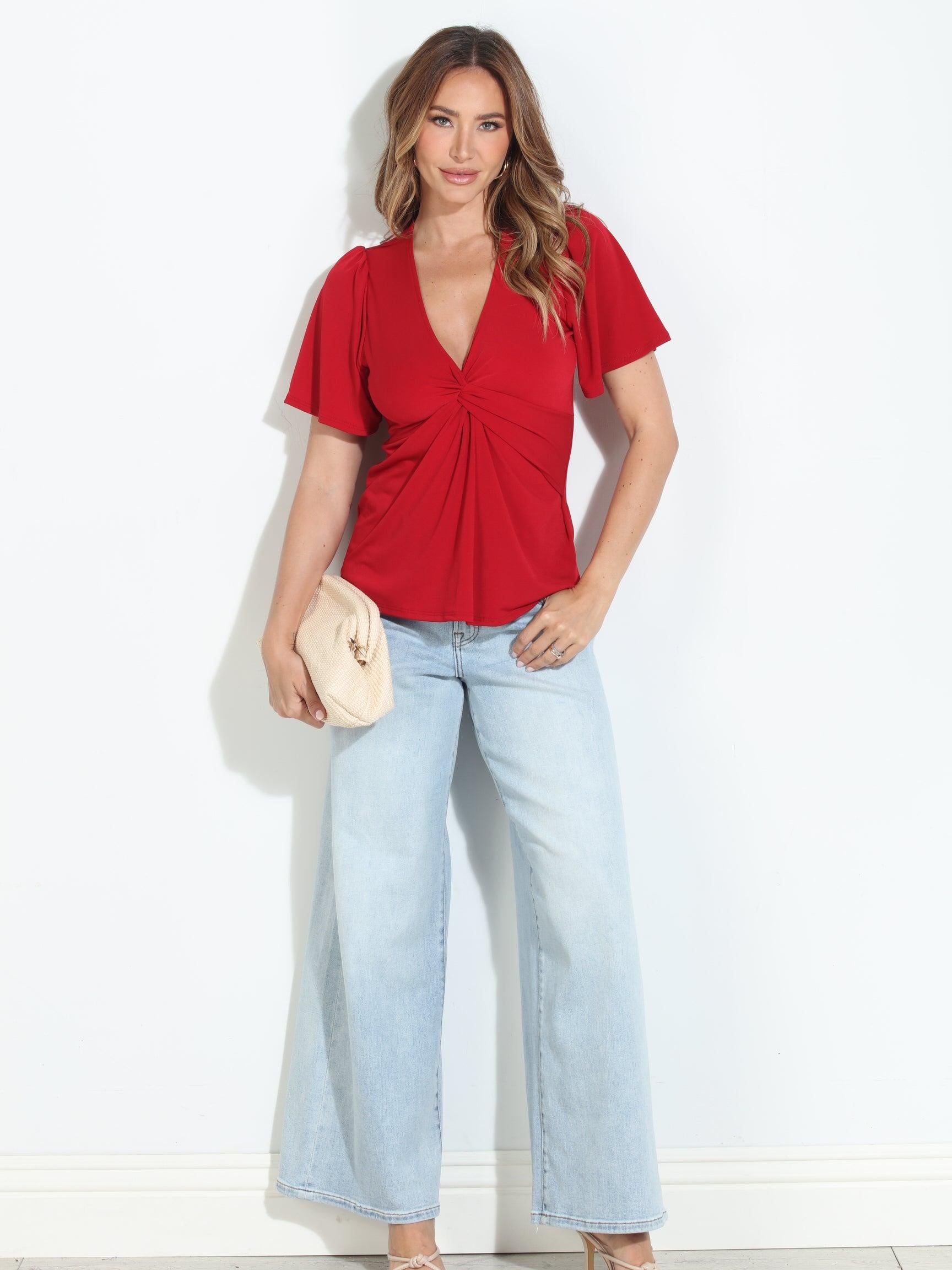 True Red V-Neck Twist Tee-BEST SELLER
