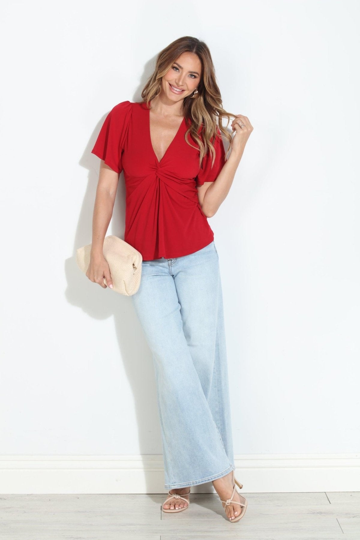 True Red V-Neck Twist Tee-BEST SELLER