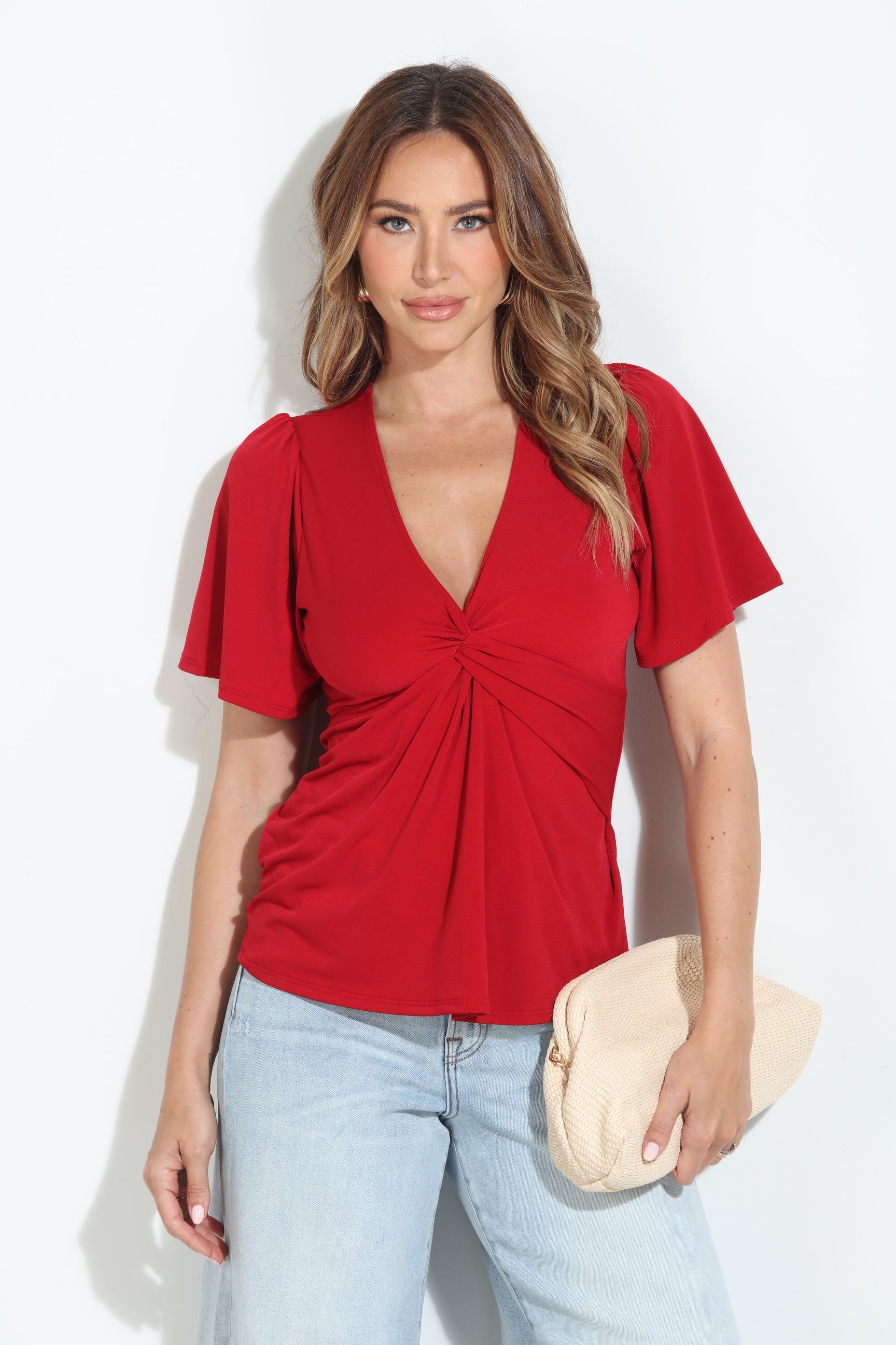 True Red V-Neck Twist Tee-BEST SELLER