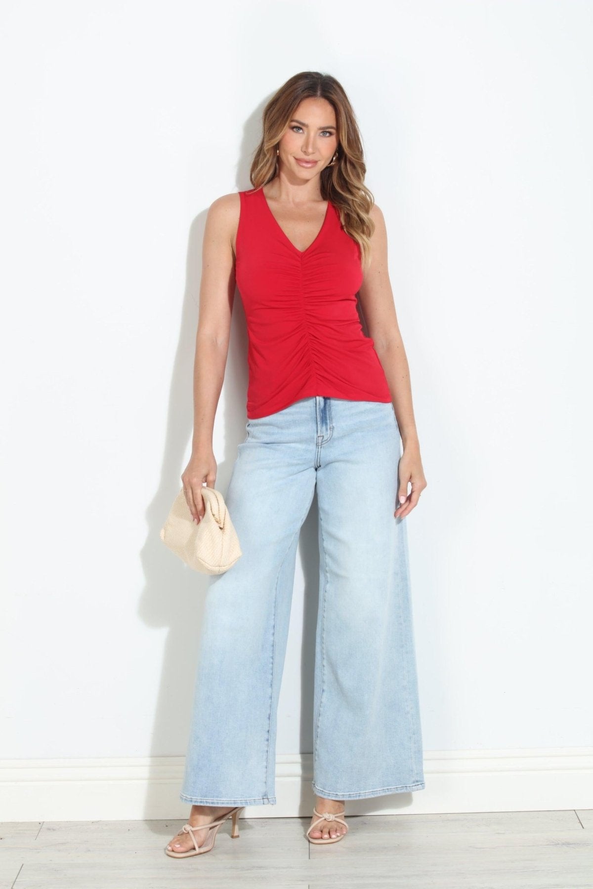 Red Shirred Sleeveless Tank-BEST SELLER