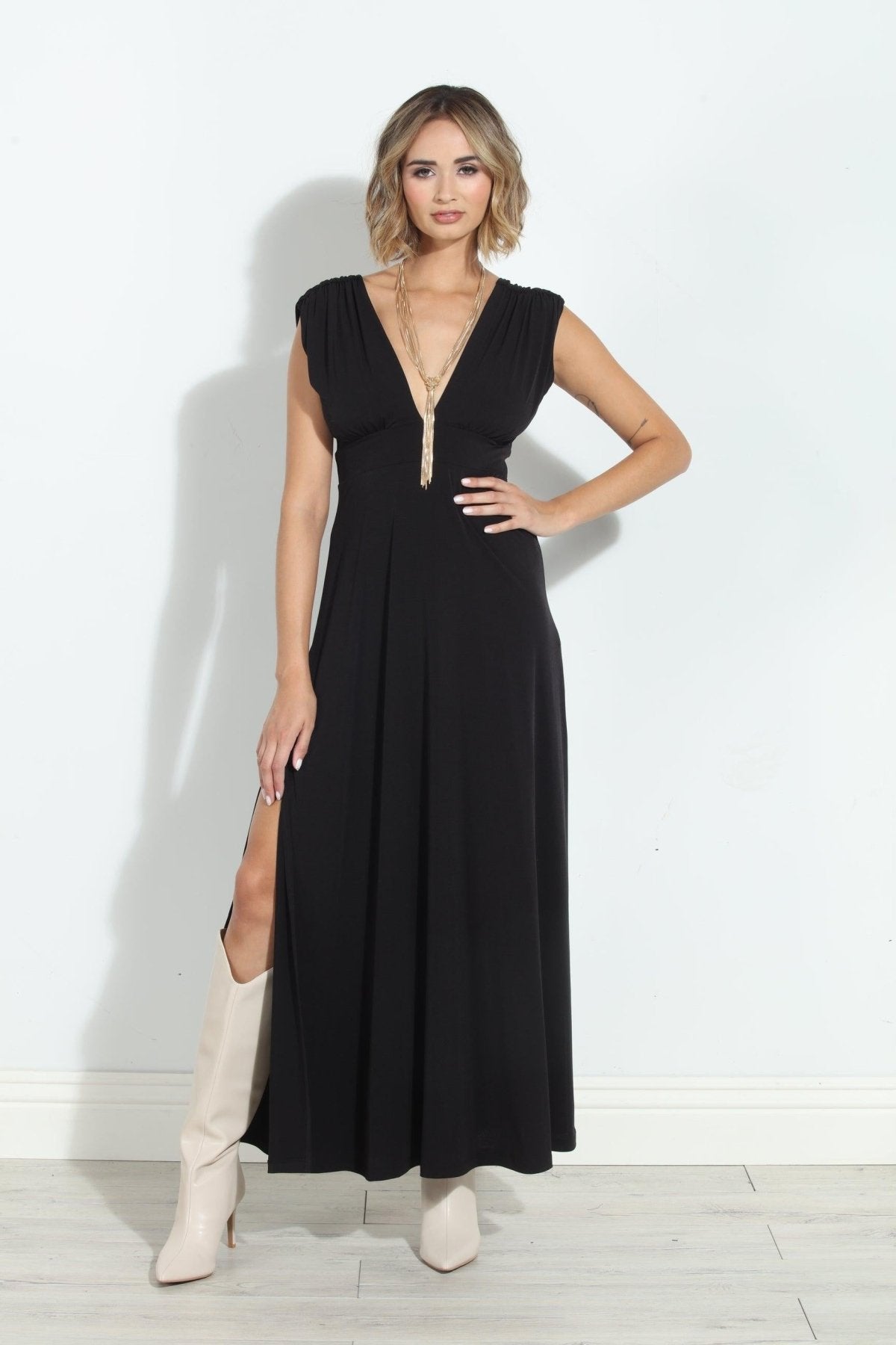 Black Stretch Deep V Maxi Dress-BEST SELLER