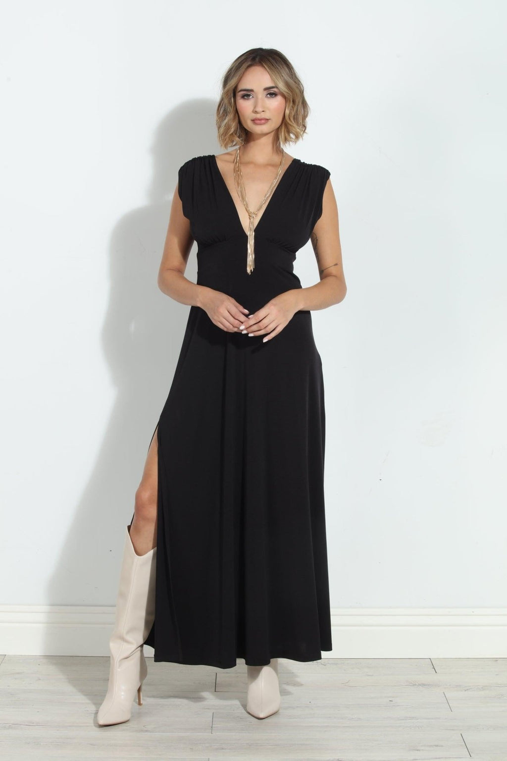 Black Stretch Deep V Maxi Dress-BEST SELLER