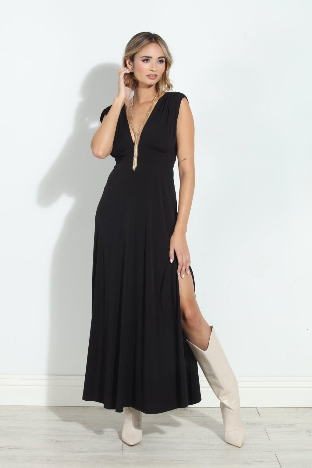 Black Stretch Deep V Maxi Dress-BEST SELLER