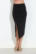 Black Stretch Ruched Midi Skirt