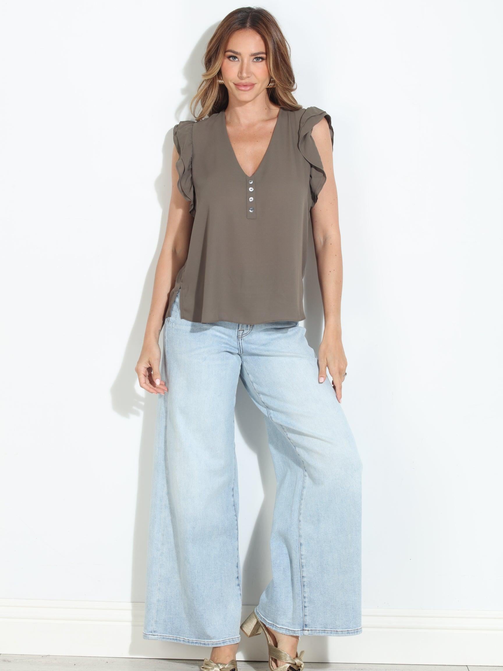 Olive V-Neck Ruffle Blouse