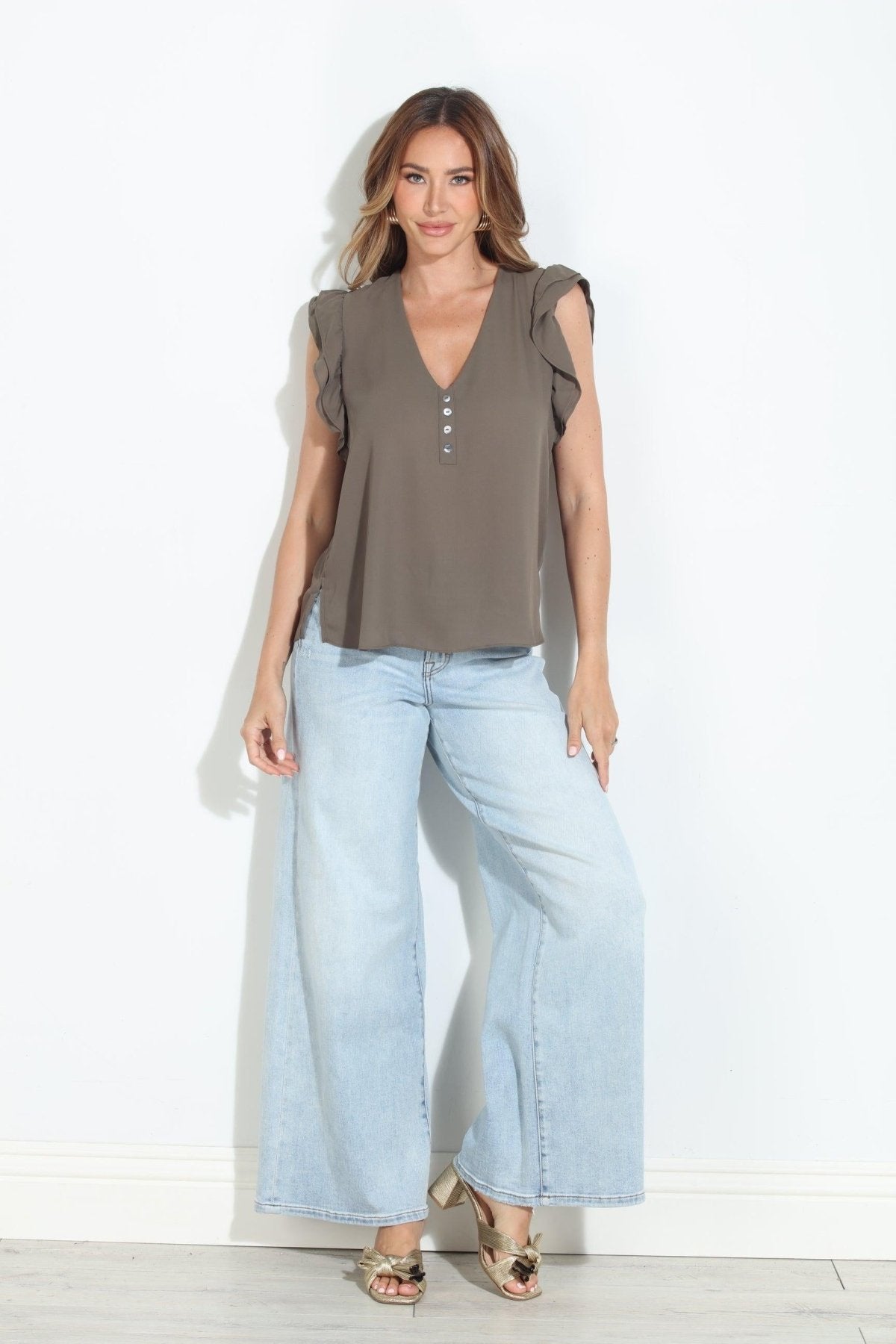 Olive V-Neck Ruffle Blouse