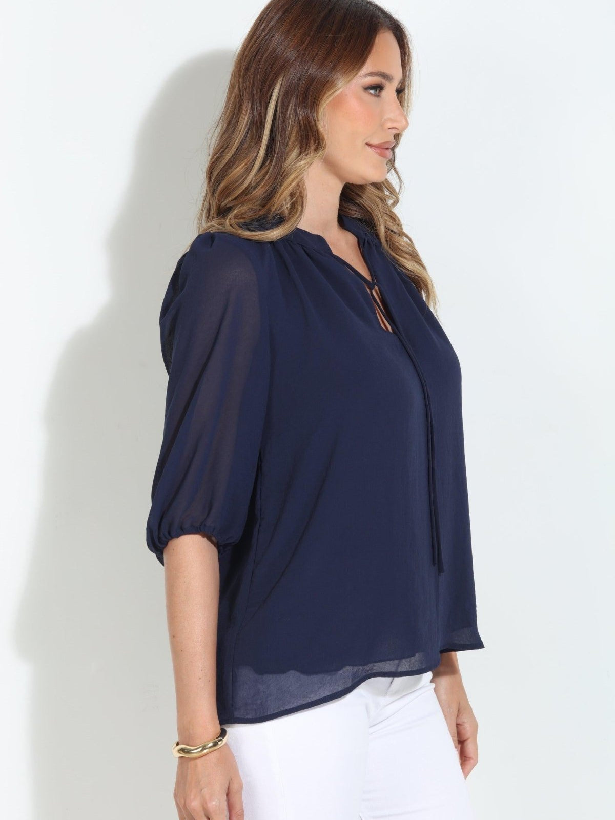 Indigo Split-Neck Blouse-BEST SELLER